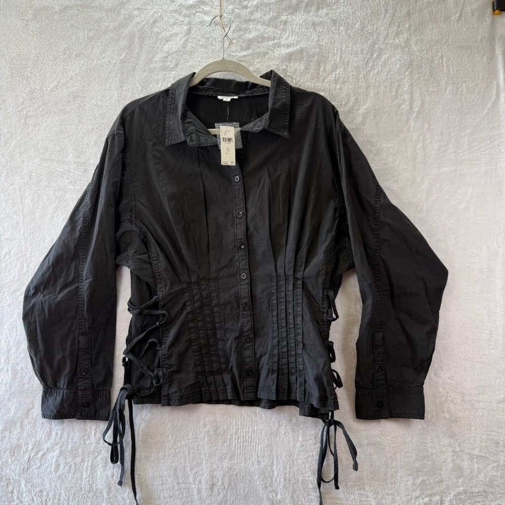 Pilcro Anthropologie Black Lace-Up Side Pintuck Shirt Womens 2X Plus NWT Cotton